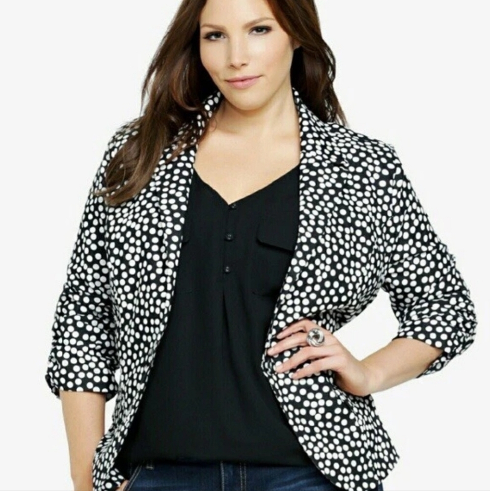 Torrid Black White Polka Dot Blazer Jacket Plus Size 3X Ruched 3/4 Sleeve